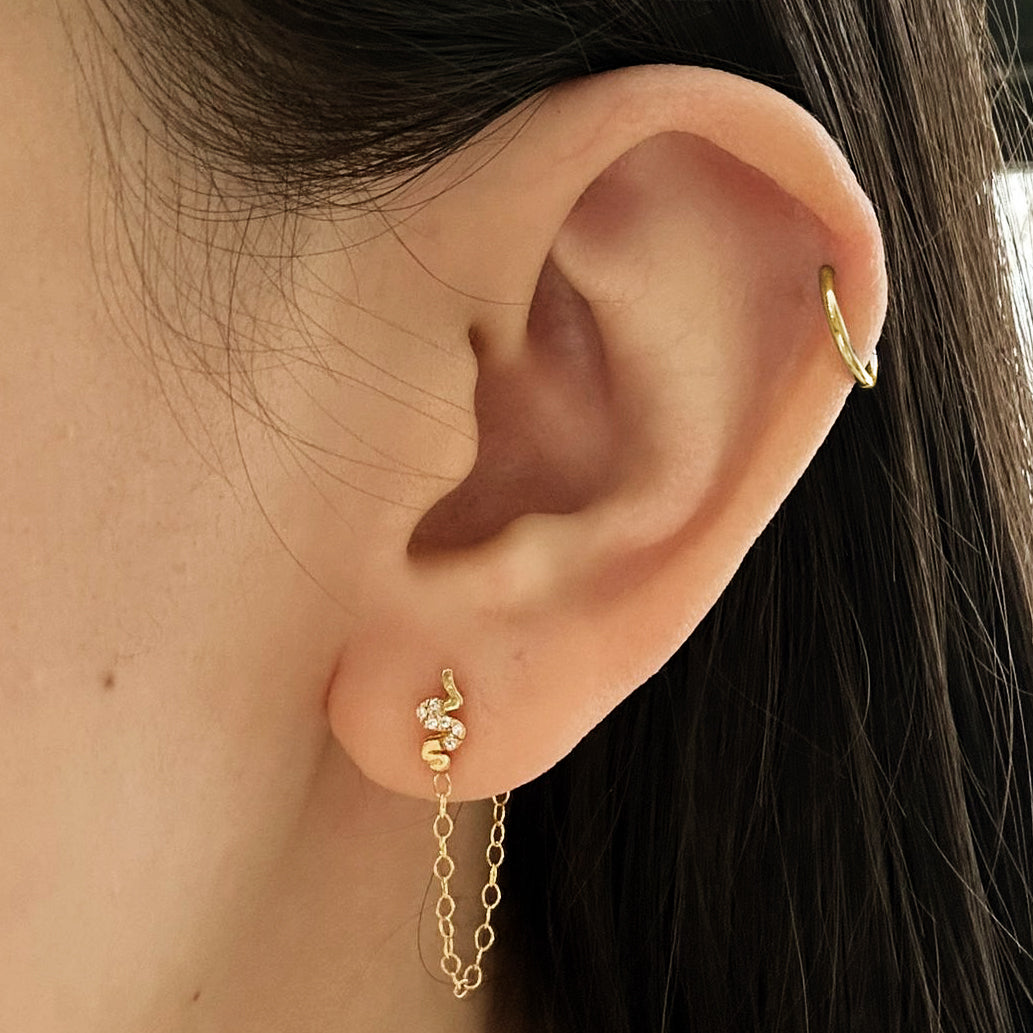 Gold plated Silver ear stud with mix zirconias and chain