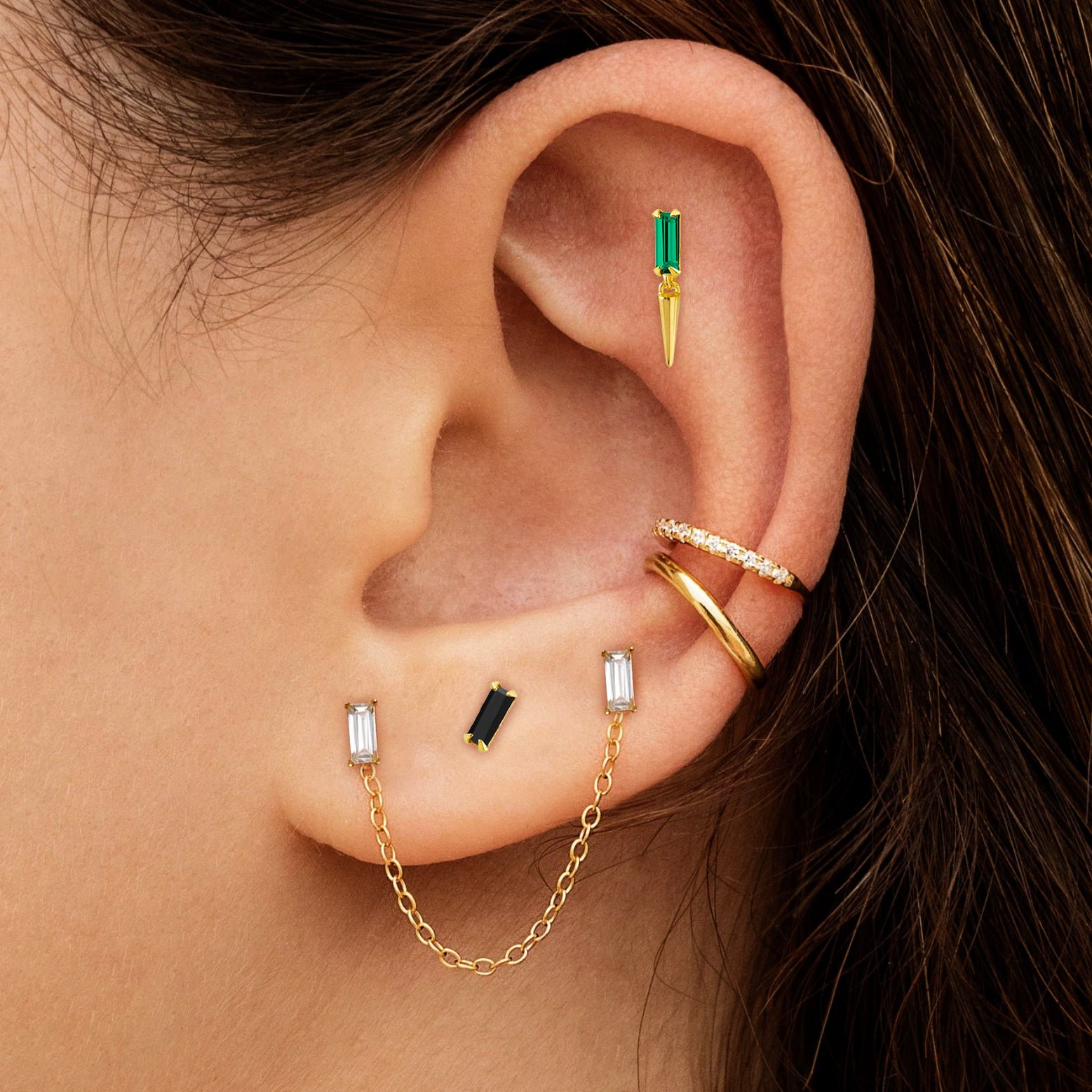 Gold Plated double ear stud with CZ and chain